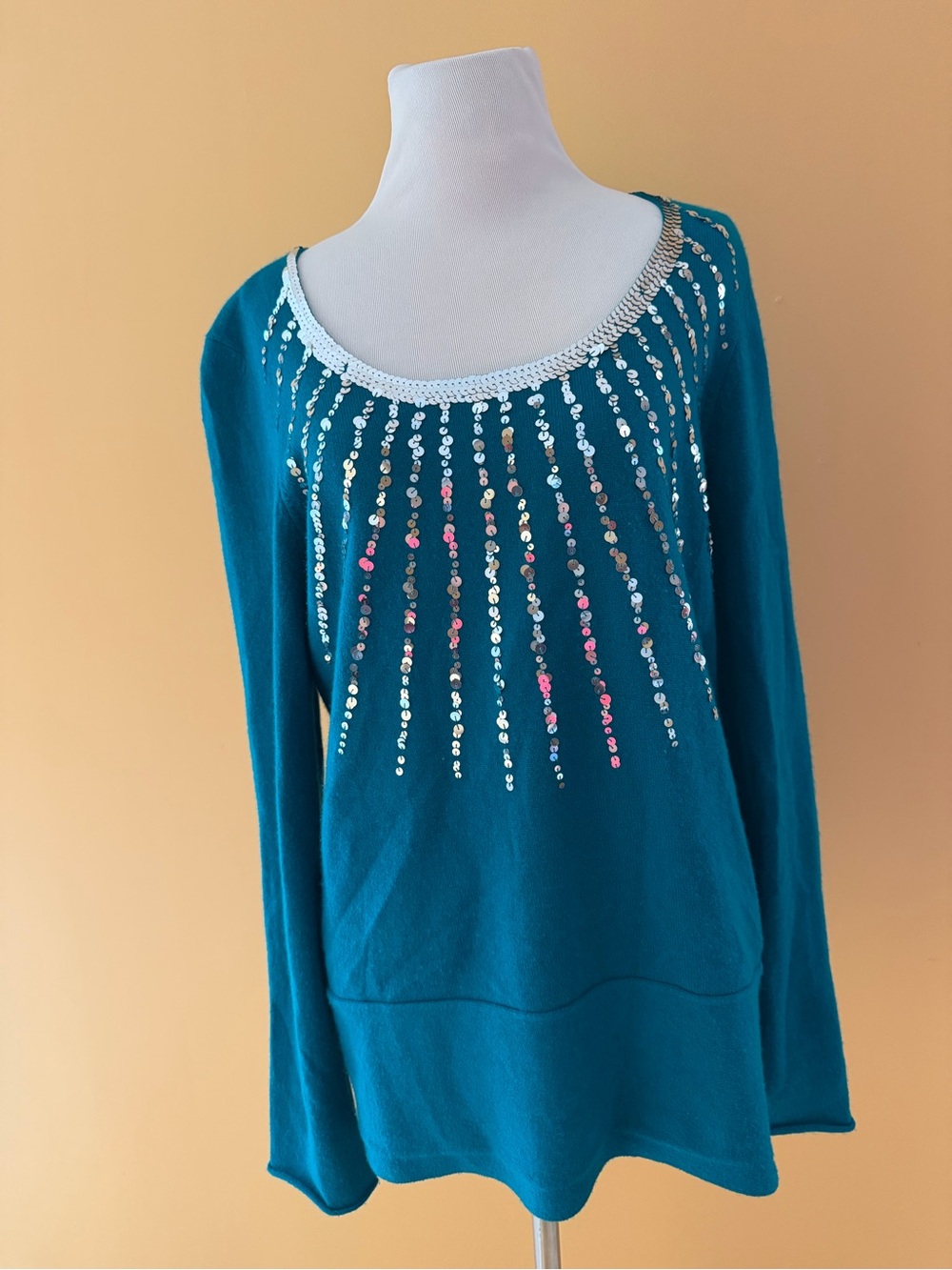 Saks Fifth Avenue Wild About Cashmere Sequin Embellished Sweater Teal Size L